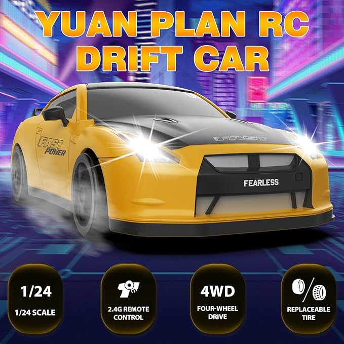 Remote Control Car 1/24 2.4GHz 4WD RC Drift Car, Rechargeable High Speed RC Cars with Cool Lights, Batteries and Extra Tires Toys for Kids