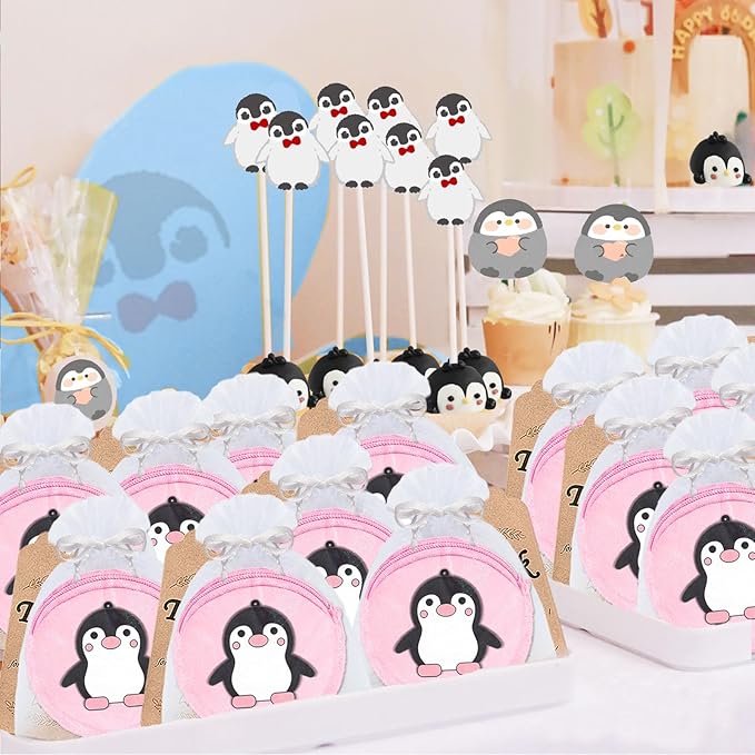 36 Pack Penguin Change Purses Set Include 12 Wallets with Keyring,12 Thank You Tags and 12 Organza Bags for Winter Party Supplies,Guest Return Gift, Animal Themed Party, Birthday,Pink