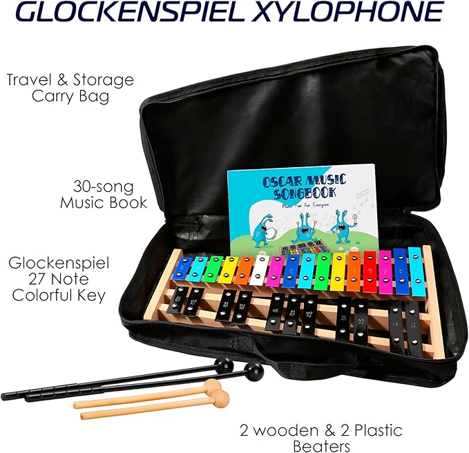 MINIARTIS Glockenspiel Xylophone | Full Size Glockenspiel Xylophone 27 Note Colorful Metal Keys for Adults & Kids | Percussion Musical Instrument Includes 2 Wooden Beaters, Songbook and Carry Case