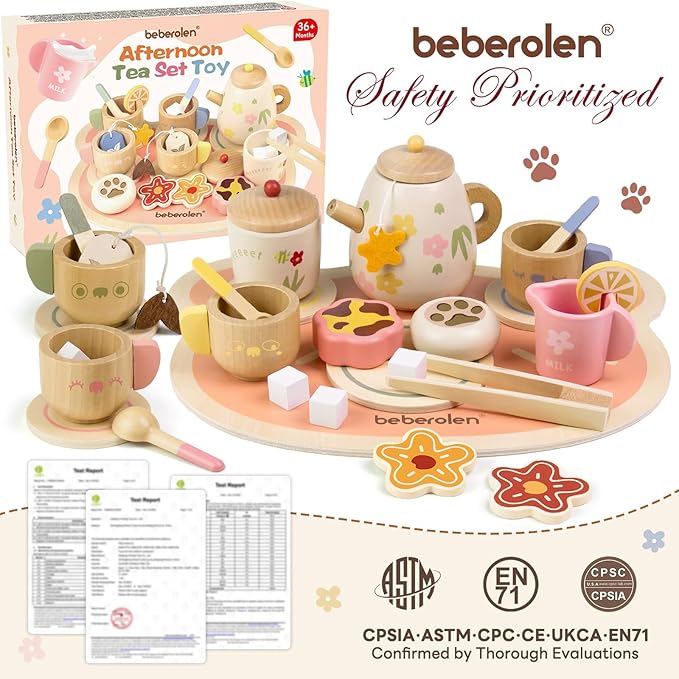 Tea Party Set for Toddlers 3-5 Girls Boy Birthday Gift Pretend Play Food Wooden Picnic Outdoor Toys Kids Age 2 3 4 5 6 Educational Wood Toy