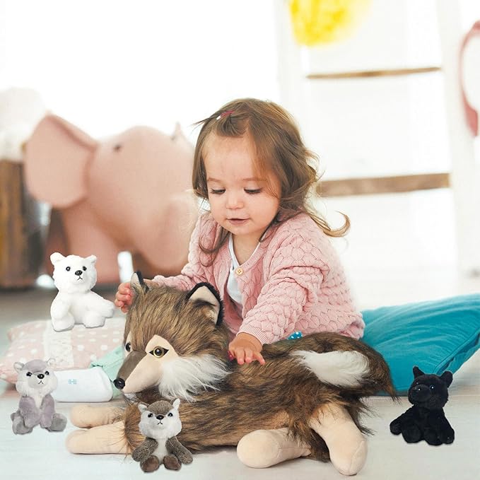 5 Pcs Wolf Stuffed Animal Plush Set 16 Inch Mommy Stuffed Wolf Plush with 4 Baby Wolves in Zipper Pouch, Soft Wolf Plushies for Kids Boys Girls Birthday Party Decoration