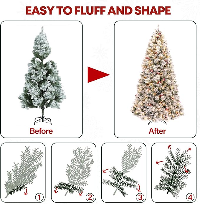 6 ft Lighted Snow Flocked Christmas Tree, 250 Warm White Lights, Artificial Christmas Tree with 1032 Frosted Branch Tips, Metal Stand and Hinged Branches for Indoor Decor