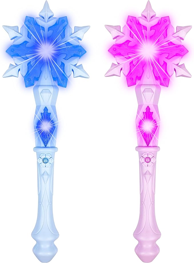 KingGlee Light Up Frozen Snowflake Wand with Sound(Motion Sensitive) Magic Toy for Kids Girls Princess Party Favors Costume Cosplay Accessories 2 Pieces Blue & Pink