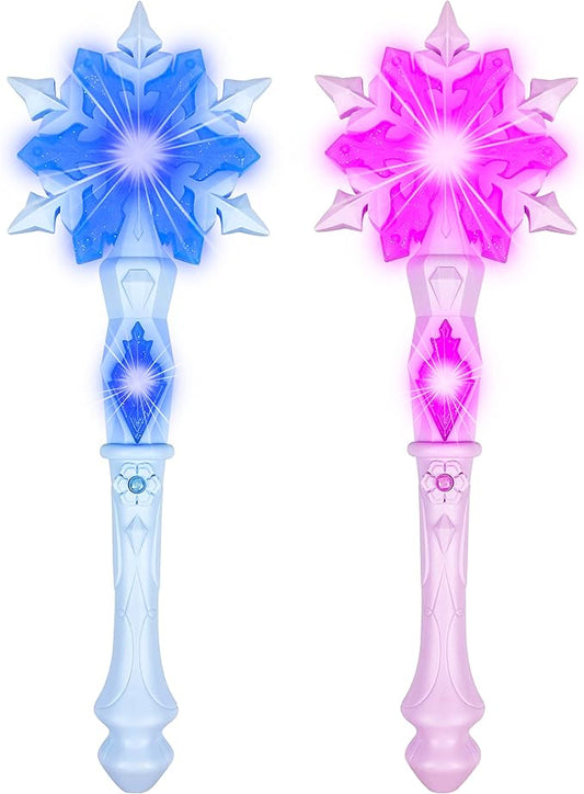 KingGlee Light Up Frozen Snowflake Wand with Sound(Motion Sensitive) Magic Toy for Kids Girls Princess Party Favors Costume Cosplay Accessories 2 Pieces Blue & Pink