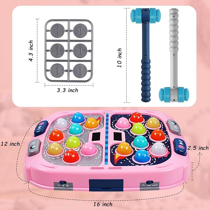 WAYKEE Whack a Mole Game, Toys for Ages 3-4 5-7 8-12 Girls Boys, Whack Game for Toddlers, Gifts for 3 4 5 6+ Year Old Girls Boys, Early Learning Educational Toys with 2 Hammers Sound & Light