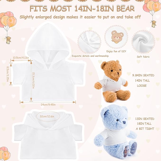 24 Pcs Stuffed Bear Clothes Bulk Sublimation Blank Stuffed Animal Shirt Plush Bear T Shirt Classic Bear Hoodie Tee Shirt Fit 14-18 Inches Stuffed Dolls