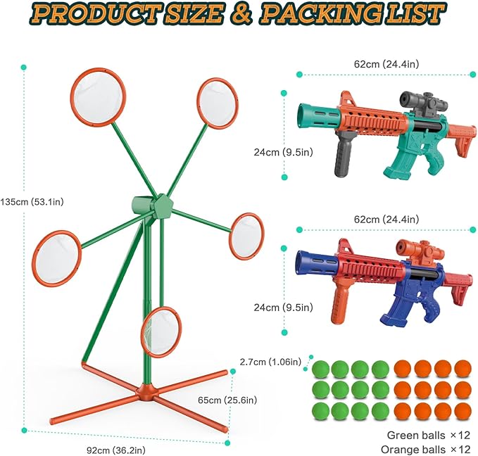 Shooting Games Toys for Age 5 6 7 8 9 10+ Year Old Boys, Kids Toy Sports & Outdoor Game with Moving Shooting Target & 2 Popper Air Toy Guns & 24 Foam Balls, Gifts for Boys and Girls