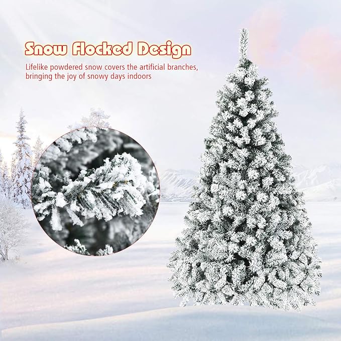 Goplus 6ft Pre-Lit Artificial Christmas Tree, Premium PVC Snow Flocked Hinged Pine Tree with Metal Stand and LED Lights, Perfect Xmas Decoration for Indoor and Outdoor
