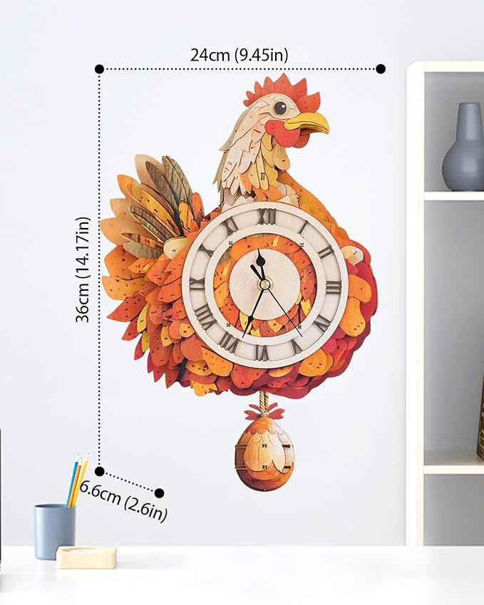 3D Wooden Puzzles for Adults, Hen Wall Clock DIY Set (with Pendulum), Beginner 29 Pcs Wooden Puzzles, Creative Gift Ideas for Adults Teens