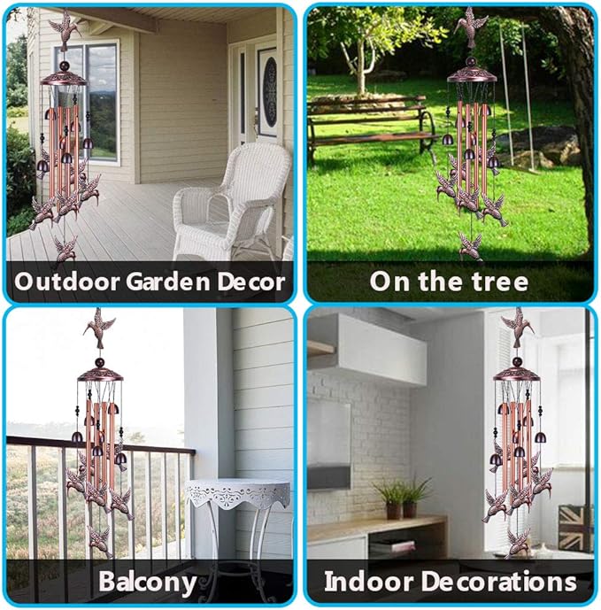 Garden Hummingbird Wind Chimes Outdoor Decor - with 4 Tubes 6 Bells 7 Hummingbirds Mobile Romantic Wind Catcher, Hummingbird Windchimes for Home, Xmas Mom Gifts, Festival, Balcony, Garden Decoration