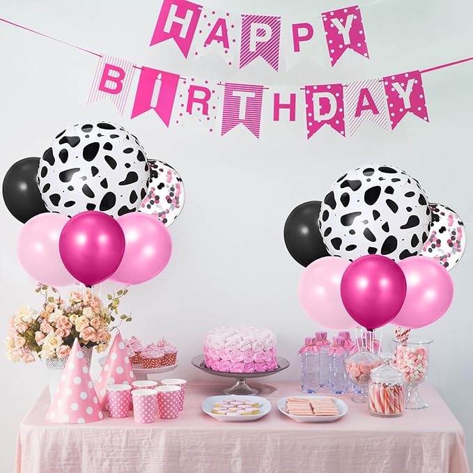 2 Sets Pink Cow Birthday Party Decorations Cowgirl Table Centerpiece Rose Red Pink Black Balloon Stand Kit with Large Cow Print Foil and Latex Balloon for Baby Shower Farm Wedding Supplies