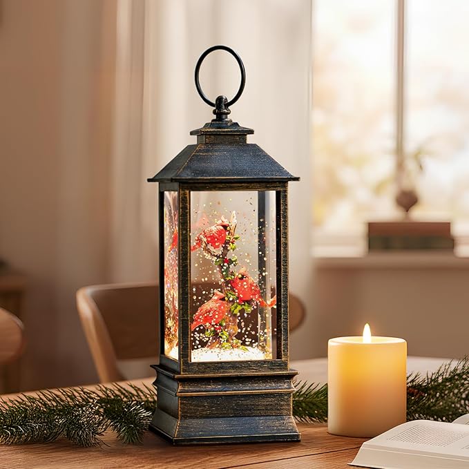 10" Snow Globe Lights, Shimmering Music Box, USB and Battery Powered Christmas Decorations Gift (Three Cardinals)