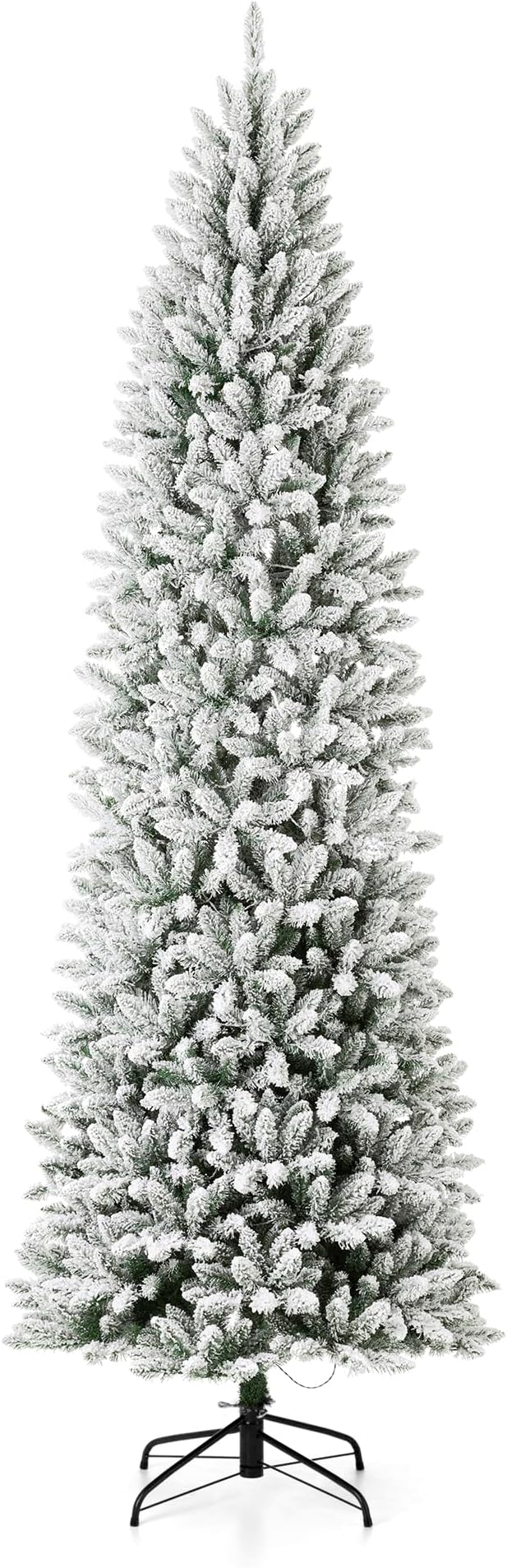 Glitzhome 9ft Prelit Christmas Tree, Snow Flocked Christmas Trees with 600 Warm White Lights, Pencil Christmas Tree Snowy Splendor Fir Artificial Tree w/1860 Branch Tips and Foldable Metal Stand