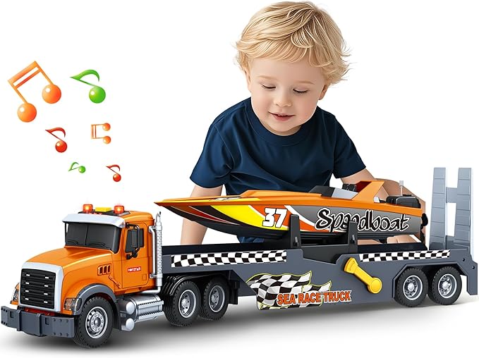 SpringFlower 3 4 5 6 Boy Toys, Extra Large Truck Toy with Sounds & Lights, 21" Semi Truck Toy Flatbed Transport Boat Vehicle，2 in 1 Kids Boy Toddlers Age 3 4 5 6 7 Birthday Gifts