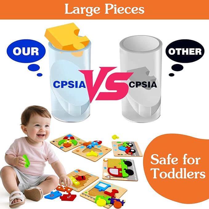 Wooden Puzzles Toys for Ages 2-4, Toddler Puzzles Toys Gifts for 1 2 3 Years Old Boys Girls, 6 Pack Vehicle Shape Montessori Learning Toy for Kids Babies Toddlers 1-3 2-3 12 18 Months