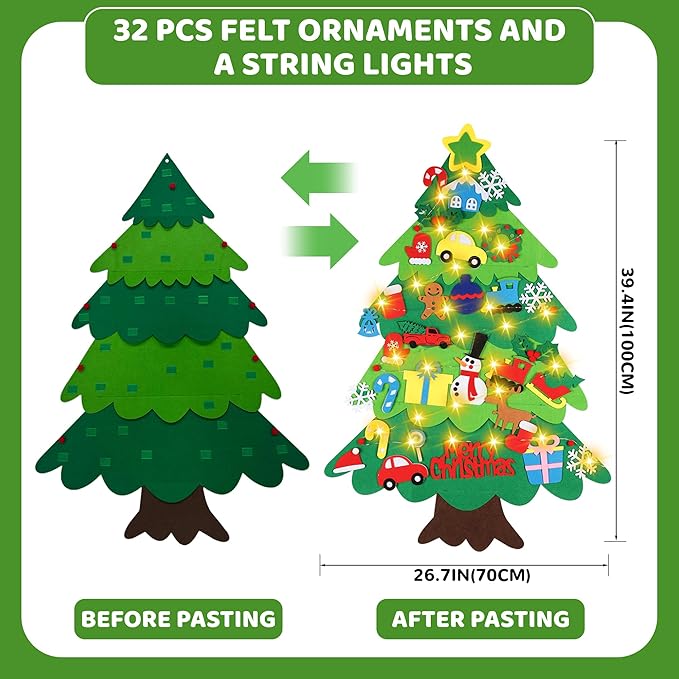 Onekka DIY Felt Christmas Tree Set with 32pcs Ornaments for Kids, Xmas Gifts, Wall Hanging Toddler Christmas Tree with String Light(Without Battery)