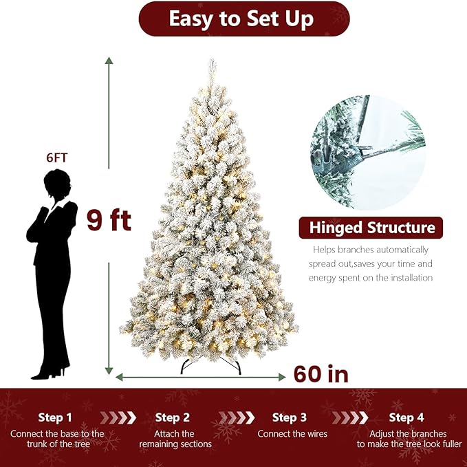 9ft Per-Lit Snow Flocked Christmas Tree, Artificial Christmas Tree with 650 Warm White Lights,1930 Branch Tips, Premium Green Full Xmas Tree for Easy Holiday Setup, Foldable Metal Base