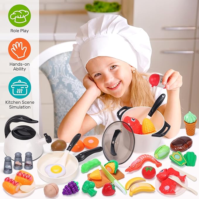 CUTE STONE Play Kitchen Accessories Toy, Play Food Sets for Kids Kitchen, Pretend Kitchen Set for Kids with Play Pots, Pans, Toddler Kitchen Playset Kitchen Toys for Girls Boys