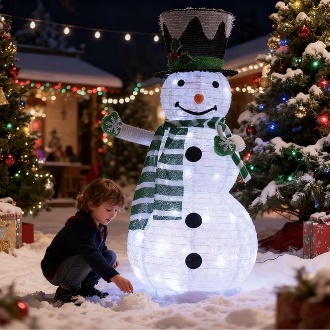 Snowman 3D Christmas Collapsible Decorations，Lighted Outdoor Xmas Large Snowman Garden Décor，Pre-Lit for Indoor/Outside Yard Holiday Decoration (Green)