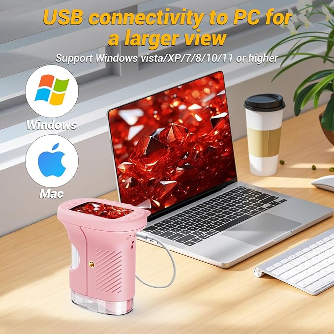 2.4" Screen Pocket Kids Microscope: 1000X Handheld Microscope for Photo and Video - Portable Science Kits STEM Toys – Christmas/Birthday Gifts for Girls & Boys Ages 3-12(Pink)