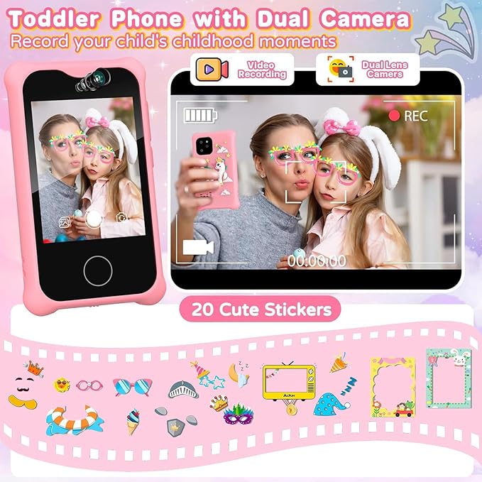 Kids Smart Phone, Christmas Birthday Gifts for Girls Age 3-12, 2.8" Touchscreen Toddler Learning Play Toy Phone with Dual Camera, Game, Music Player, 32GB Card （Pink）