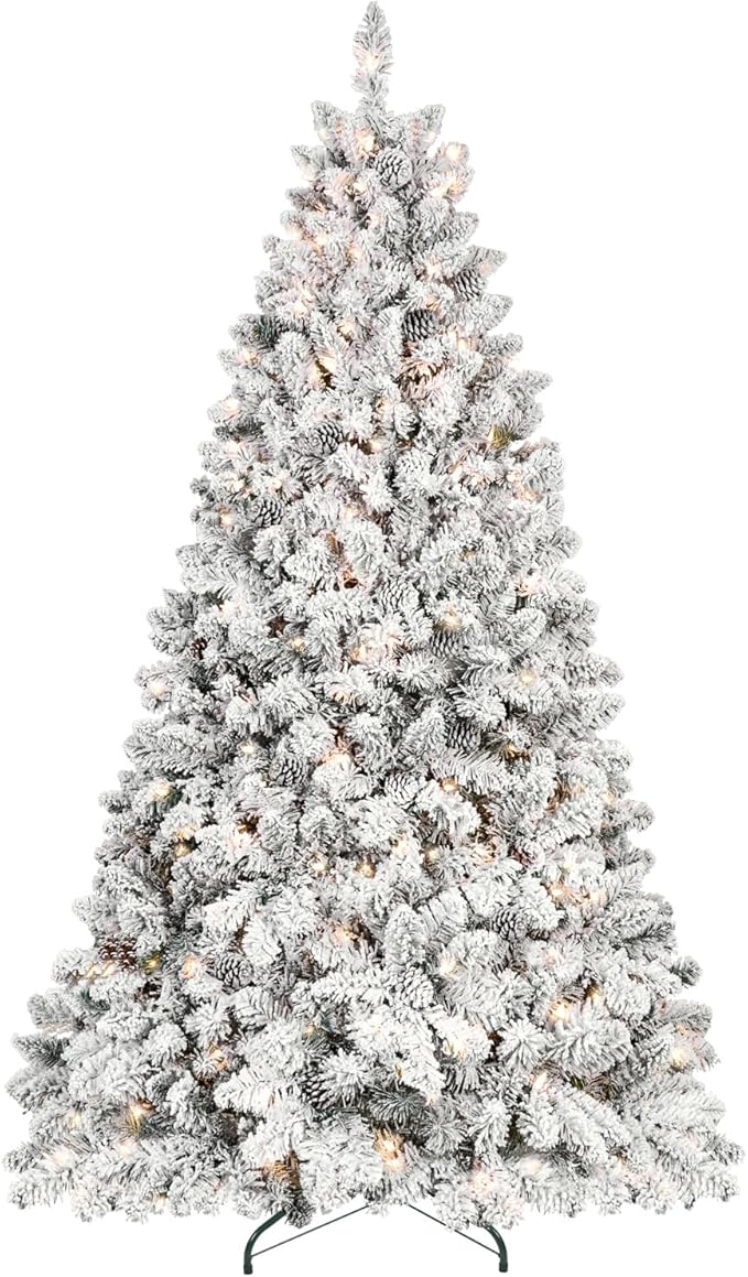 4.5ft Per-Lit Snow Flocked Christmas Tree, Artificial Christmas Tree with 250 Warm White Lights, 498 Branch Tips, Premium Green Full Xmas Tree for Easy Holiday Setup, Foldable Metal Base