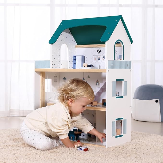 Wooden Dollhouse with Liftable Elevator - 2.6 Feet High Modern Doll House for Kids Toddlers - Including 21 Furniture Pieces, 4 Family Dolls, and 1 pet