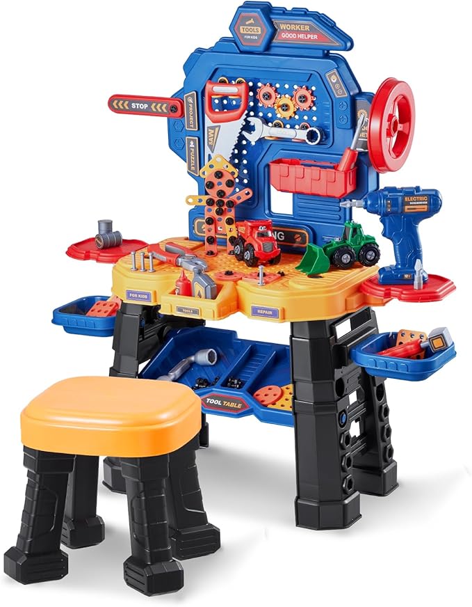 VEVOR Kids Workbench, 181 pcs, Kids Tool Bench with Realistic Tools and Electric Drill, Pretend Play Construction Workbench Toys for Toddlers, Toddler Work Bench Learning Gift for Boys & Girls Age 3+