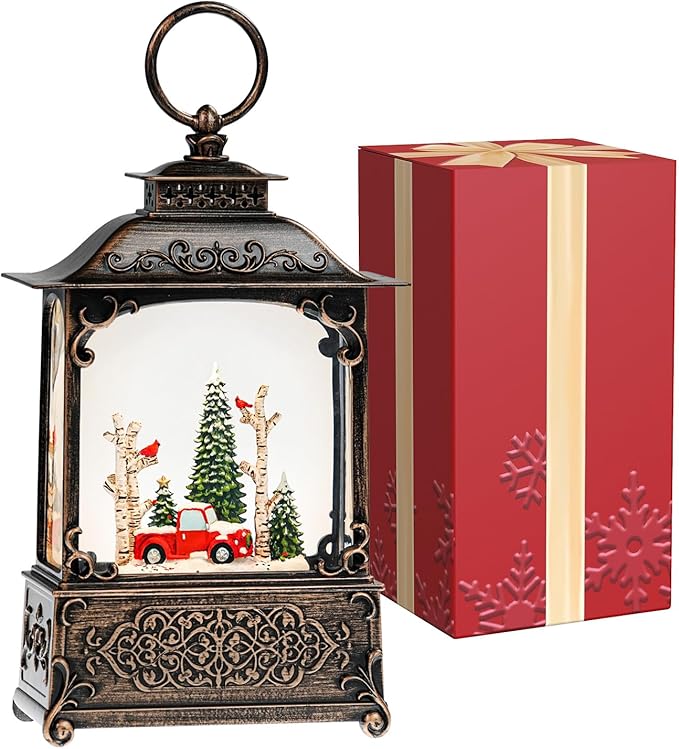 Christmas Snow Globes with Red Truck, Light Up Snow Globes with Music Timer - USB Plug or Battery Operated Glitter Globe Indoor Christmas Decorations