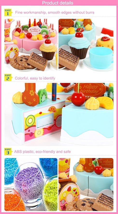 75PCS DIY Cutting Cake Set - Kids Play Kitchen Food Pretend Play Toy - Best for Girls Birthday Party Gift (75PCS Blue)