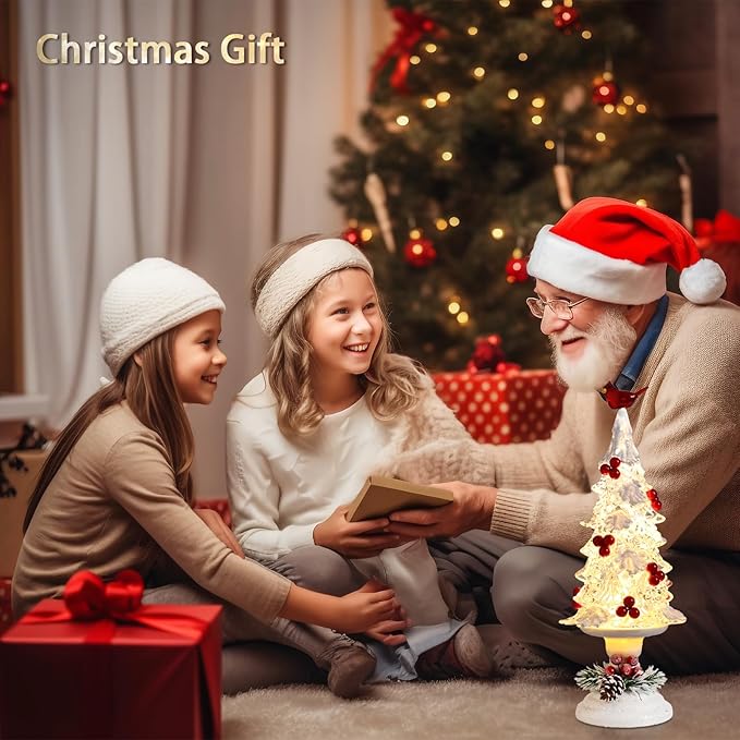 Acrylic Christmas Tree Table Decor - 14" Light up LED Christmas Tree with Cardinal, Battery Operated Warm Holiday Party Mantel Decorations Gifts for Family & Cardinal Lovers, White