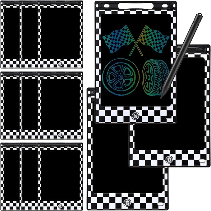 Nezyo 12 Pack Large Race Car Party Favors LCD Writing Tablet for Kids 8.5 Inch Race Car Drawing Tablet Erasable Reusable Electronic Black and White Checkered Drawing Pads for Birthday Supplies Gifts