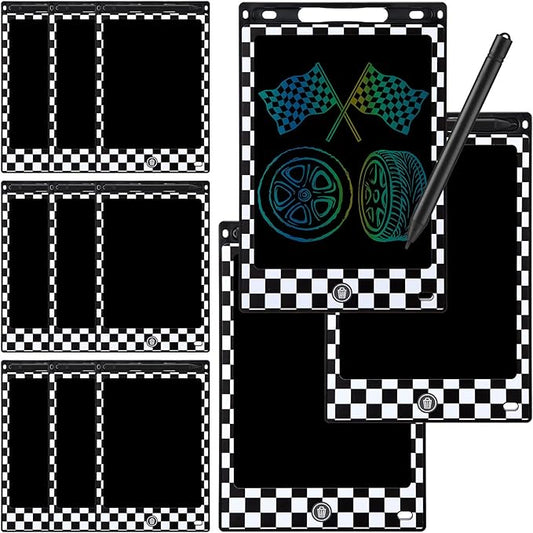 Nezyo 12 Pack Large Race Car Party Favors LCD Writing Tablet for Kids 8.5 Inch Race Car Drawing Tablet Erasable Reusable Electronic Black and White Checkered Drawing Pads for Birthday Supplies Gifts