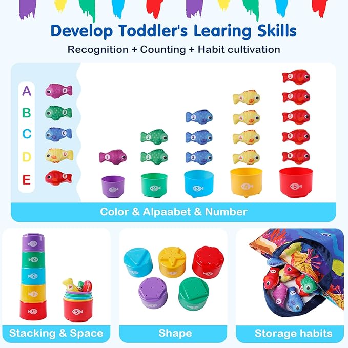 Montessori Toys for 1-2 Year Old - Toddler Fishing Game with Stacking Cups, Baby Toy 12-18 Months One Year Old Boy Girl Birthday Gift to Learn Count, Sort Colors and Shapes