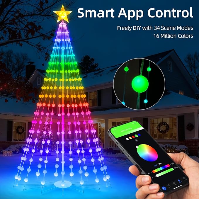 9FT Smart Christmas Cone Tree, Prelit Color Changing Outdoor Christmas Tree Light with Remote Music Timer for Yard Decorations