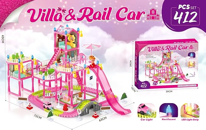 Dream Dollhouse, Racing Track, Dolls House playset with Toy Furniture and 3 Level Slide, Furniture, 1 Doll and 1 Buggy Toy and 10+ Tracks Pet and Puppy Play Area 7 Rooms
