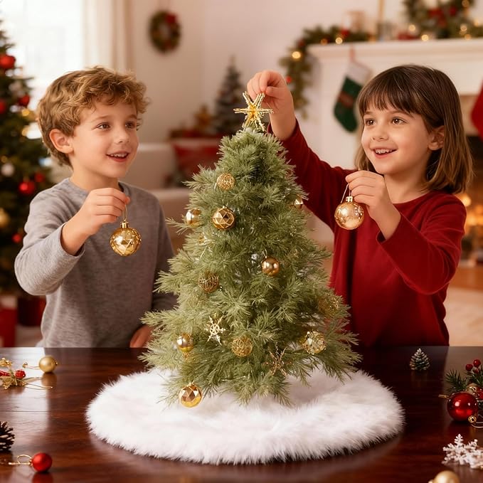 iMucci 12inch Mini Wool Fur White Tree Skirt Small Christmas Tree Skirt Snowy White Plush Velvet Tabletop Christmas Tree Skirt Holiday Party Decoration