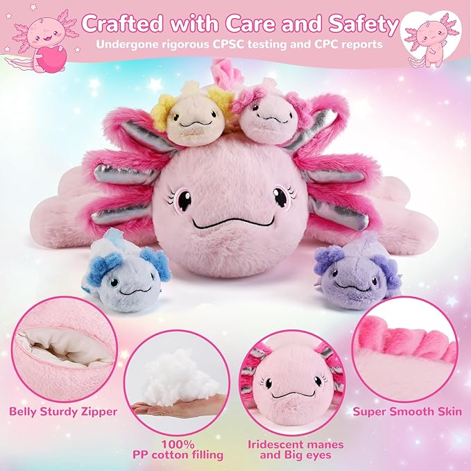 5 Pieces Axolotl Stuffed Animals with Babies Inside Belly - 1 Mommy Stuffed Axolotl with 4 Babies - Pink Axolotls Plush Toy for Kid Age 3-8, Gift Ideal for Christmas, Valentine's, Birthday