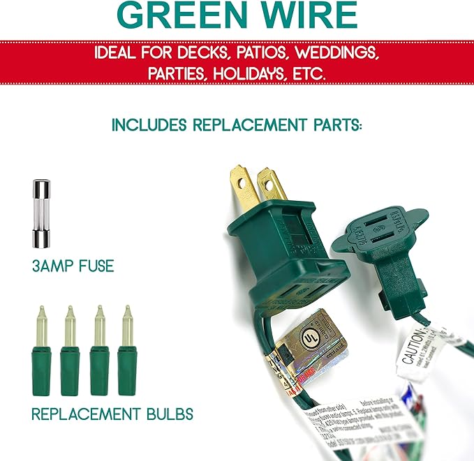100 Christmas Mini Lights - 24.8 ft / 7.5m - 120V - Warm White Bulbs 2800K - Green Wire - 120V - End to End Connection - Indoor & Outdoor Use - Light Strings for Christmas Tree and New Year Decoration