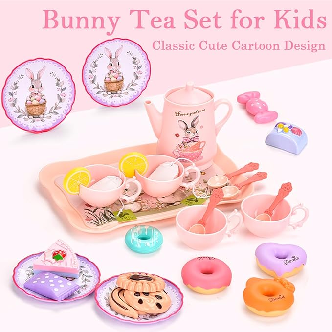 Kids Tea Party Set for Little Girls & Toddlers – Bunny Kitchen Toy & Pretend Play Set with Teapot, Cups, Plates, Desserts & Case | Princess Birthday Gift, Easter Basket Stuffer for Ages 3-5