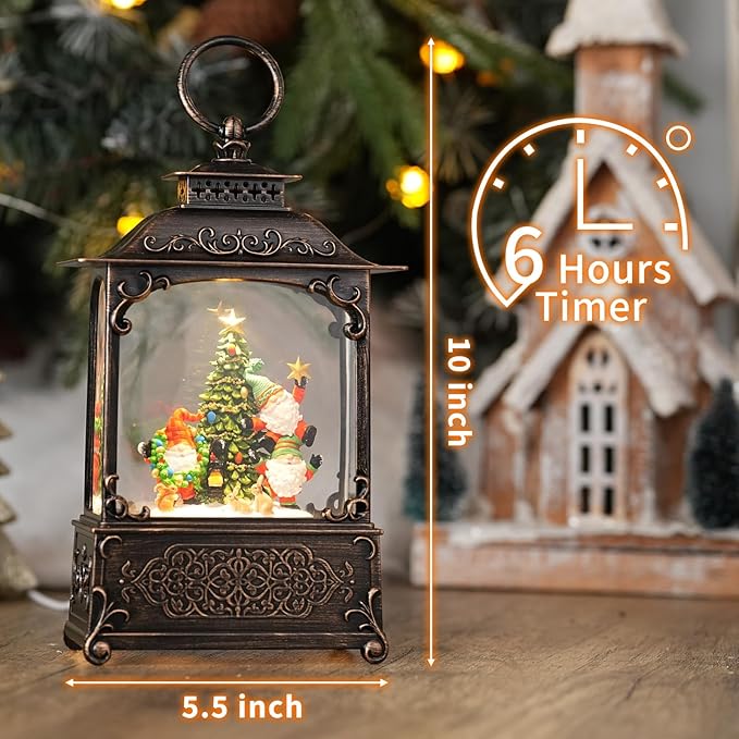 Christmas Snow Globes with Gnomes, Light Up Snow Globe with Music Timer - USB Plug or Battery Operated Glitter Globe Indoor Christmas Decorations