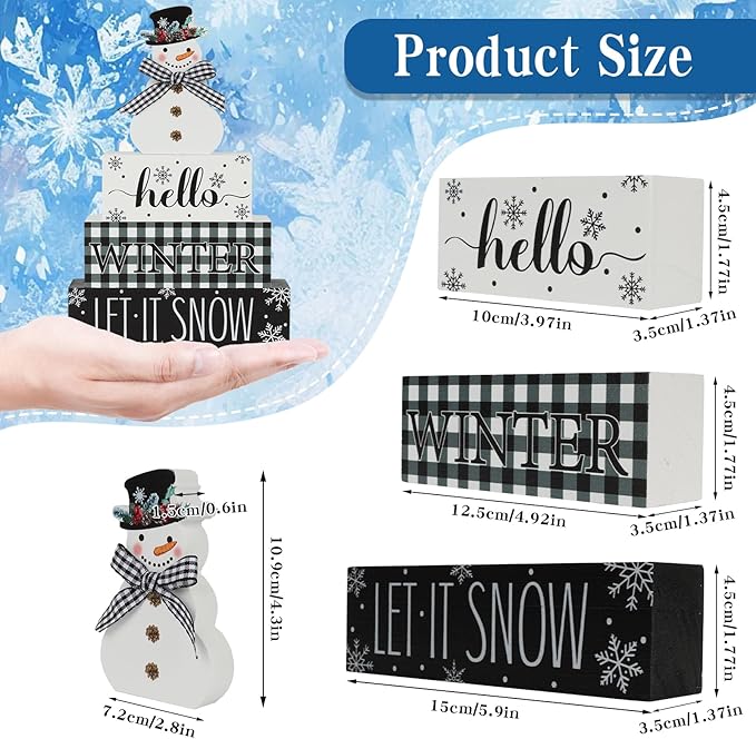 4 Pcs Christmas Table Decor Snowman Wooden Table Decorations Winter Tiered Tray Decor Christmas Centerpiece Rustic Let It Snow Block Signs Gift for Winter Wonderland Party Home kitchen Shelf