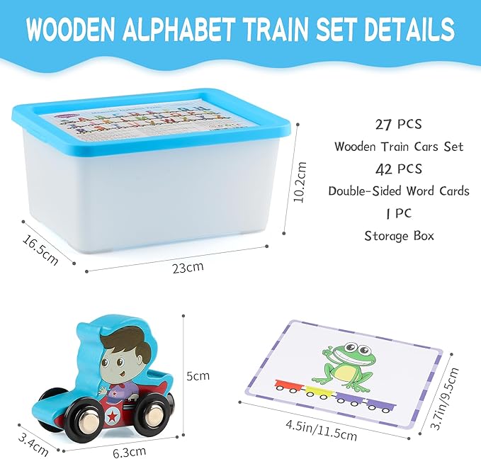 Wondertoys Wooden Alphabet Train Toy 27 PCS Magnetic Alphabet ABC Letter Train Set Includes 42 PCS Flash Cards, 1 Engine and 1 Storage Box for Toddlers Kids Boys and Girls