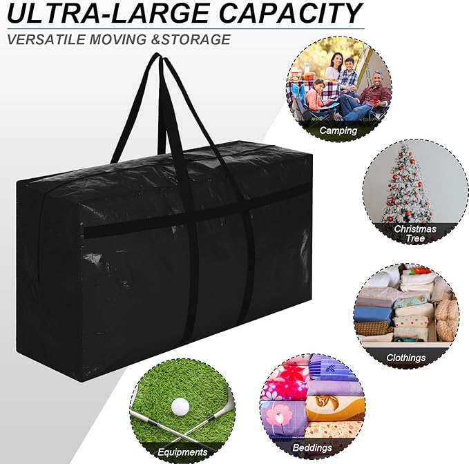 Windyun 4 Pack 98 Gallon Extra Large Storage Bags XXL Moving Bags with Zipper Handles Heavy Duty Jumbo Big Totes Box for Halloween Skeleton 4-12 Feet Christmas Tree Storage College Dorm Cloth (Black)