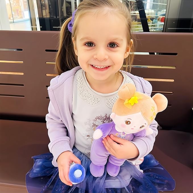 OUOZZZ 10" Soft Baby Doll Set with Plush Doll, Bassinet, Blanket and Bottle, Pretend Playset for Emotional Social Education Doll for 2 Year Olds Girls Christmas Birthday Gift Purple