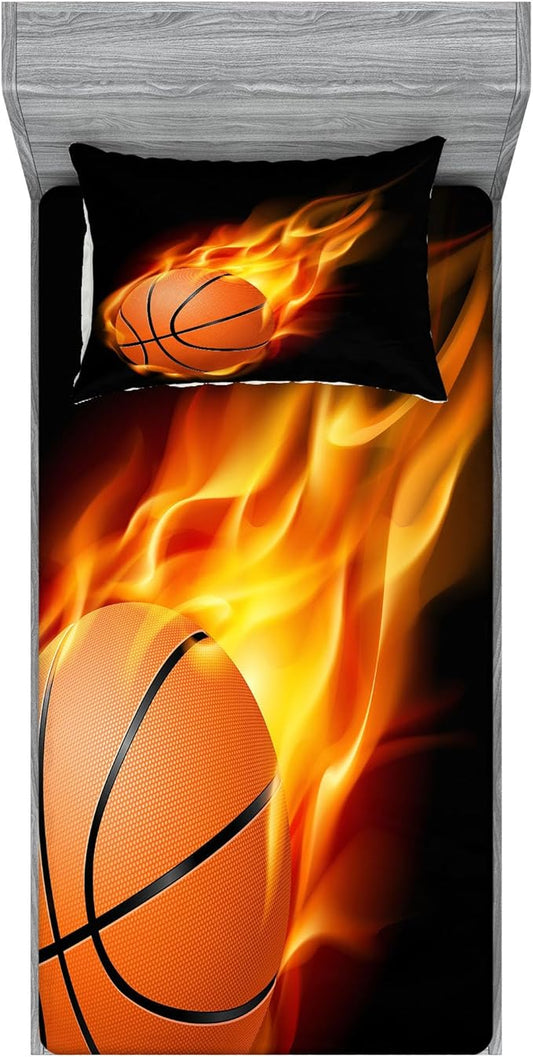 Ambesonne Sports Fitted Sheet & Pillow Sham Set, Basketball Lover Ball on Fire Speed Fireball Shoot Hoops Kids Sporty Fun Art Print, Decorative Printed 2 Piece Bedding Decor Set, Twinxl, Orange Black