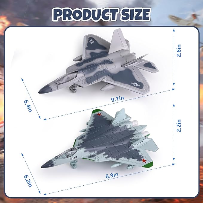 2-in-1 Diecast Fighter Jet Toy Set with Lights & Sounds, Pull Back Airplane F-22 & SU-57 1:144 Scale Military Aircraft Models with Display Stand, Gift for Kids & Collectors