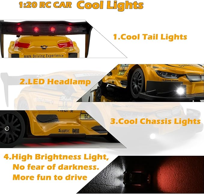 1:20 RC Drift Car 2.4GHz 4WD High Speed Drift Remote Control Cars Vehicle with LED Lights and Drifting Tires Batteries x2 Racing Sport Toy Cars for Adults Boys Girls Kids (Yellow)