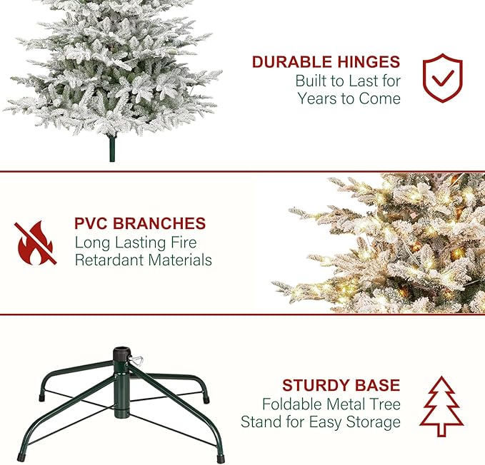 Hykolity 6ft Prelit Snow Flocked Aspen Fir Christmas Tree with 330 Clear LED Lights, Realistic 797 PE PVC Branch Tips, Foldable Metal Stand and Premium Hinged Branches