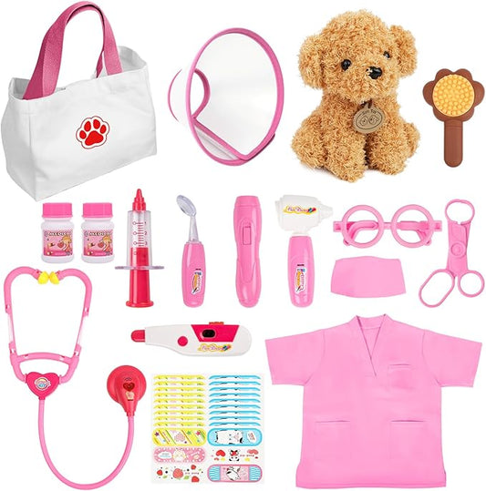 Liberry Doctor Kit for Toddlers Age 3 4 5 6, 26 Pcs Kids Doctor Playset with Dog Toy, Stethoscope and Dress Up Costume, Pretend Play Medical Gift for Girls, Pink